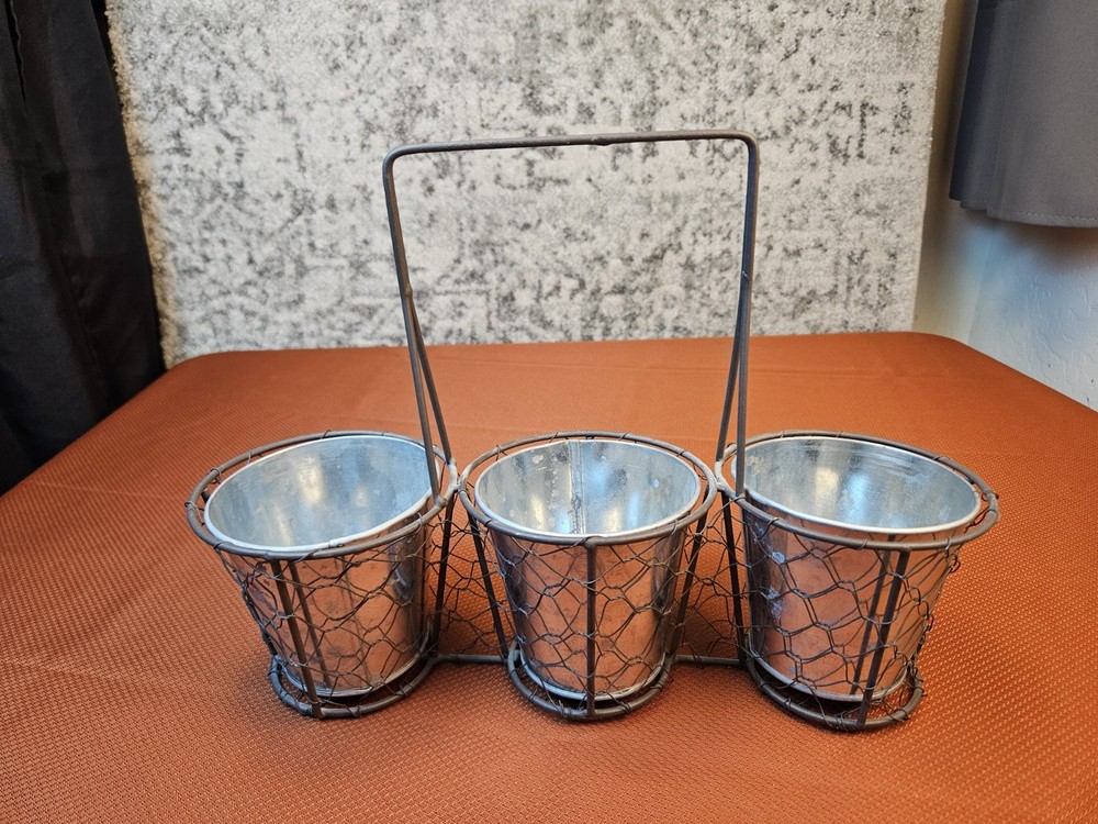 Metal Chicken Wire Caddy Handle Three Galvanized Buckets Utensil Holder Planter
