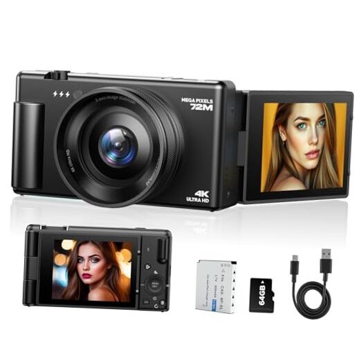 4K Digital Camera for Photography, 72MP Autofocus Vlogging Cameras Dark Black