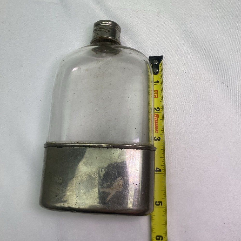 Antique Victorian Glass & Pewter Whiskey Hip Flask Unbranded