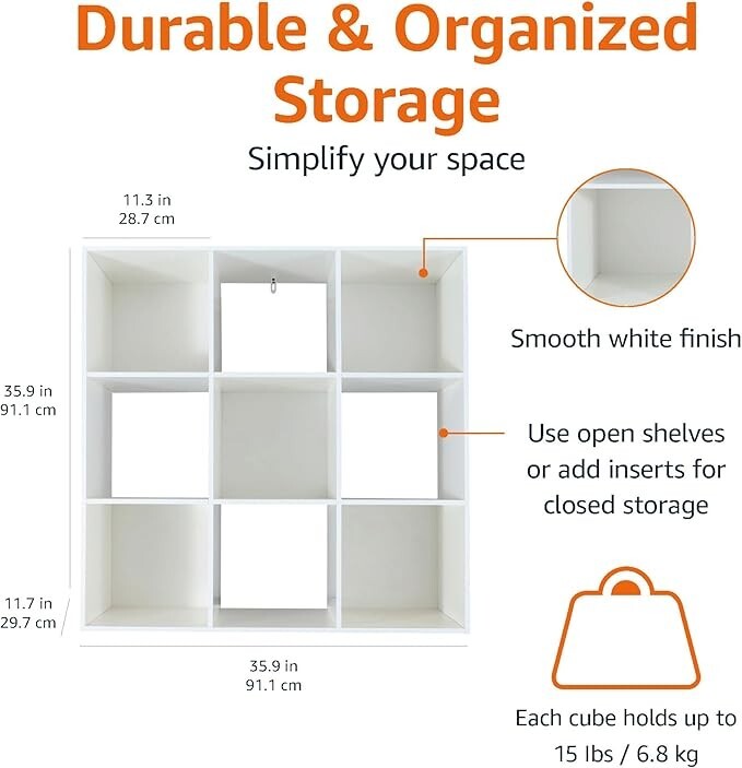 Basics Storage Cube Shelf Organizer, 9 Cubes, White