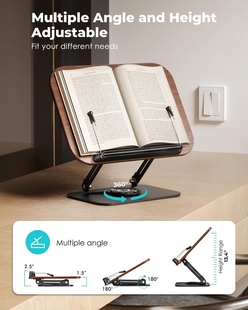 Book Stand for Reading,Book Holder, Height&Angle Adjustable, 360° Rotating Ba...