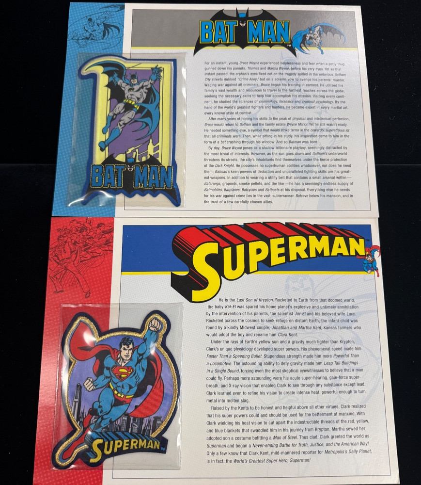 BATMAN & SUPERMAN PATCH on INFO CARD ~ Willabee & Ward ~ DC COMICS PATCHES