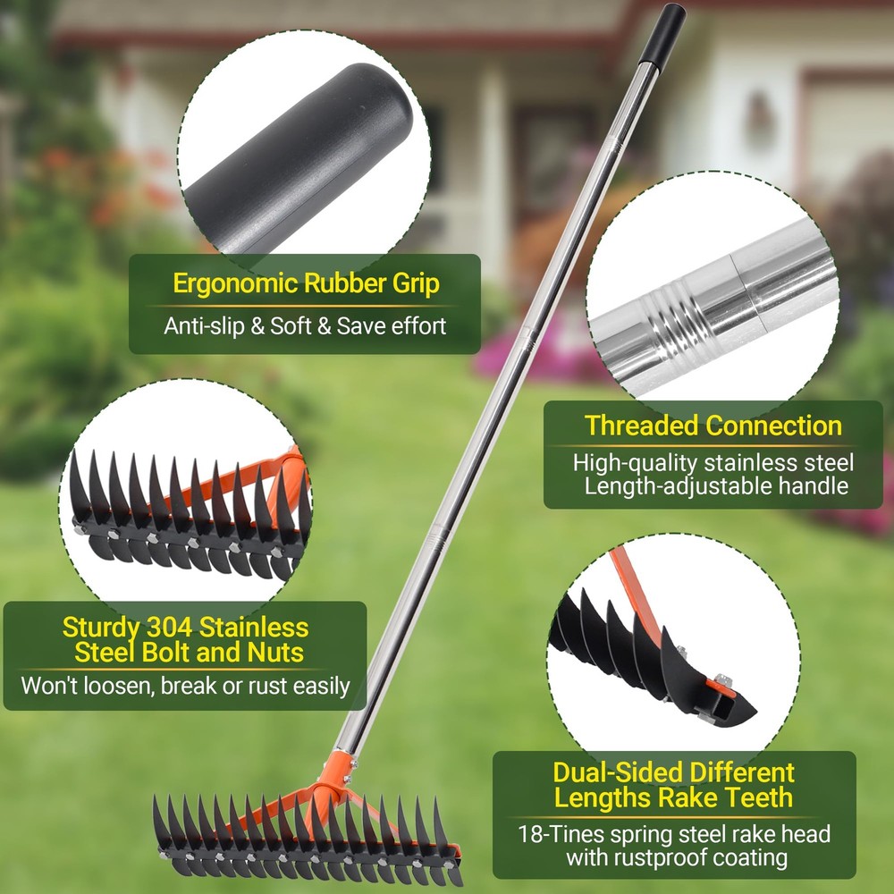 Thatch Rake for Lawns 18 Sharp Tempered Spring Steel Tines Dethatcher Rake He...