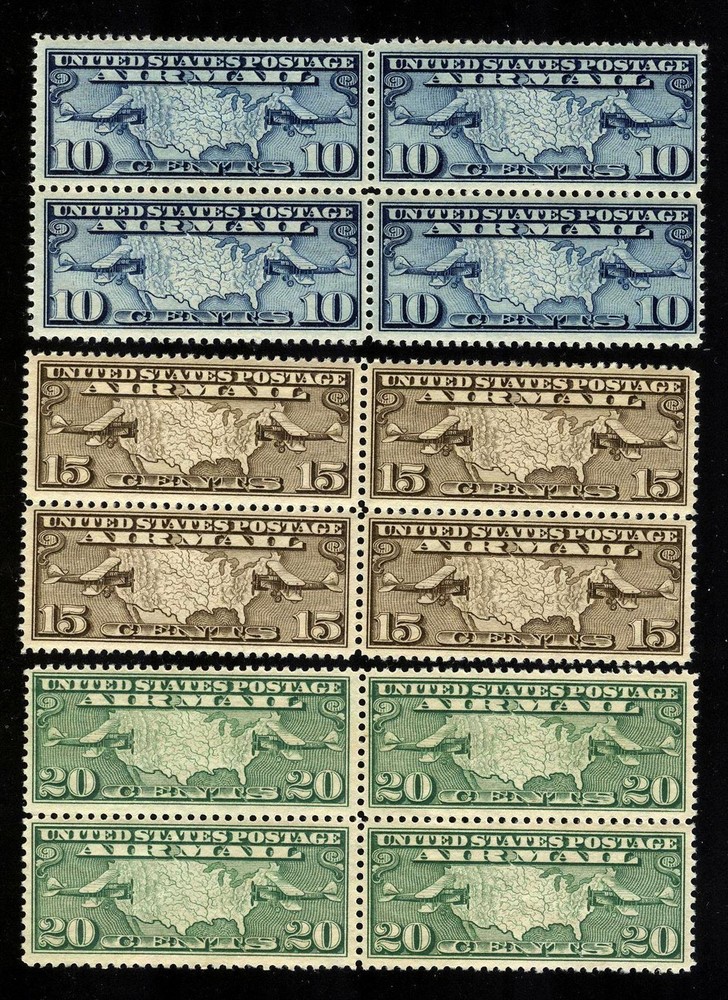 AIR MAIL - #c7-9 10c/20c Map/Planes - VF og NH - BLOCKs 4
