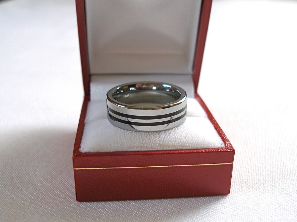 MENS-  Tungsten Ring with Black Enamel Stripes
