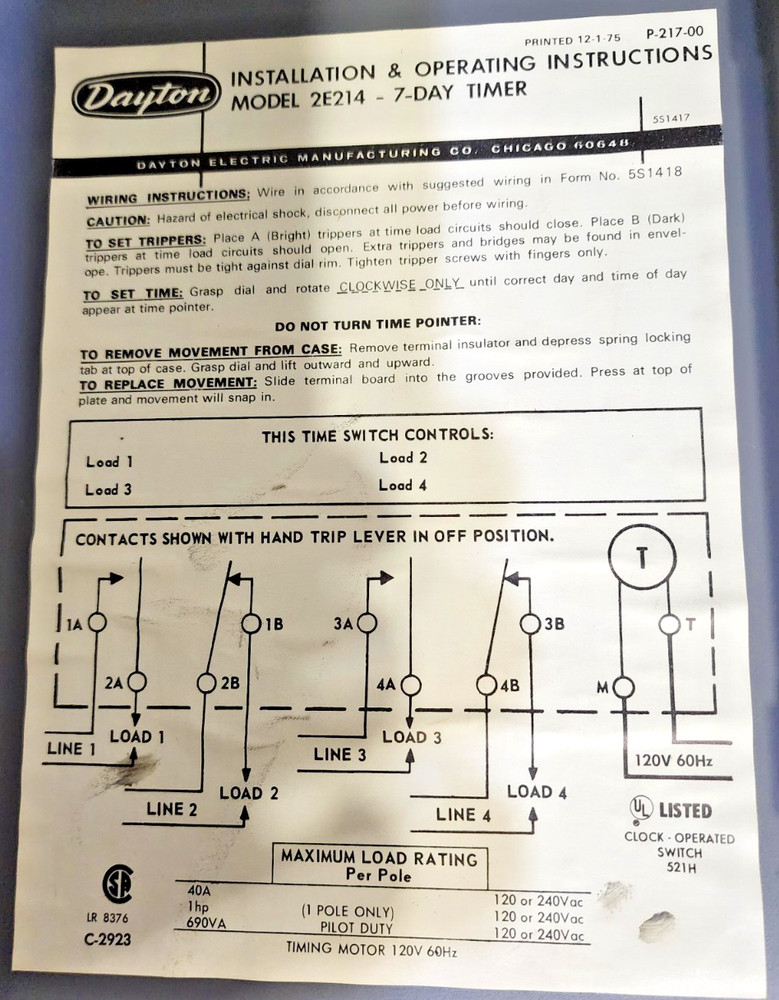 DAYTON Electronic Timer Model 2E214, 7-Day Timer Switch