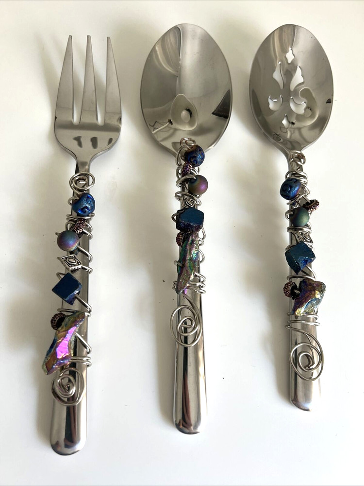 Fancy Spoon Fork Serving Utensils Bead Rock Wire Wrapped Slotted Salad Gemstone