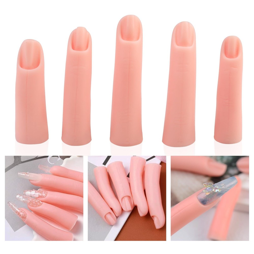 5 Pcs Practice Hand Fake Nails Kit, Silicone False Finger Pink