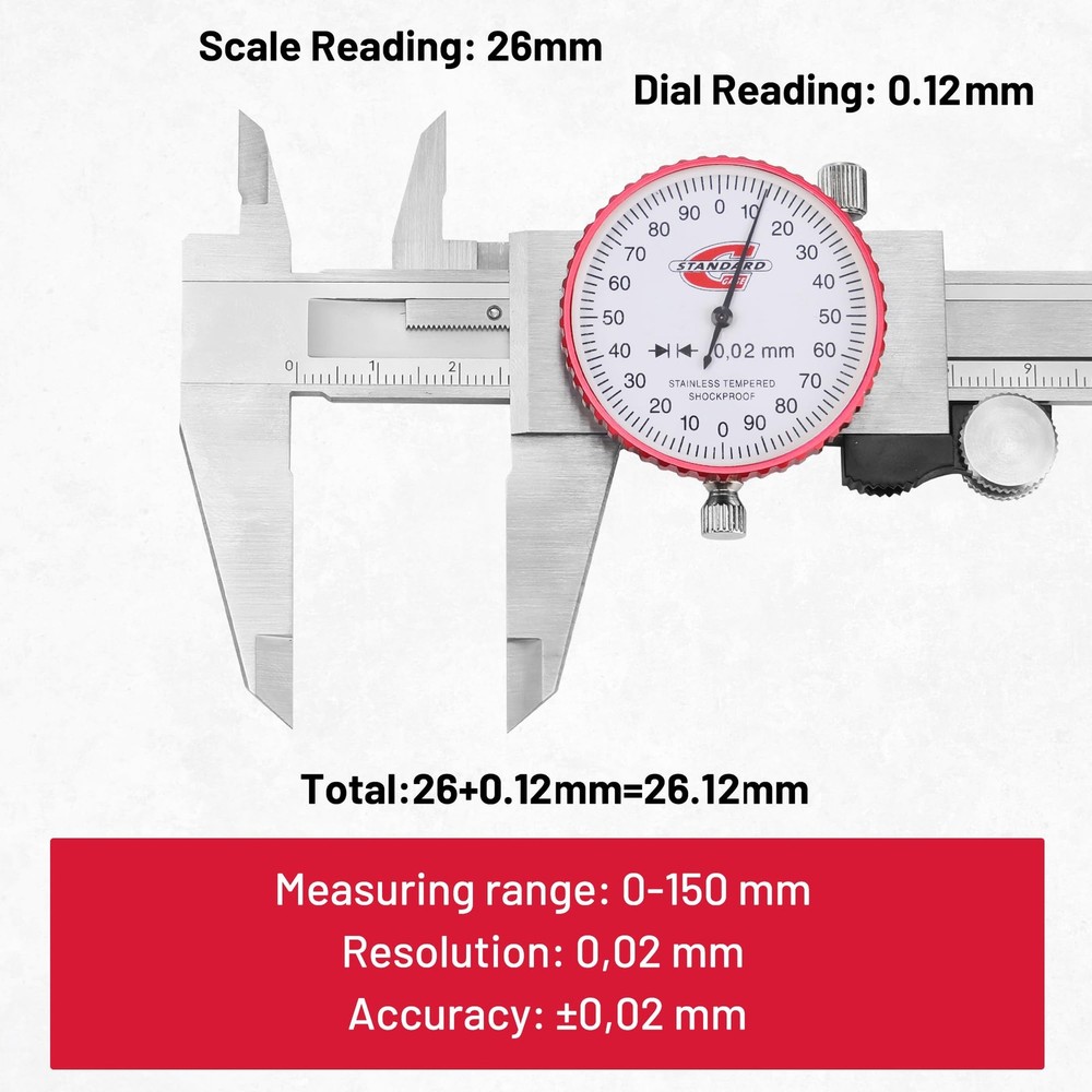 Metric Dial Caliper Measuring Tool 0-150mm Range, Analog Precision Caliper ±0...