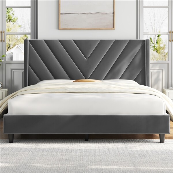 Full/Queen Upholstered Bed Frame with Wing Side Headboard, No Box Spring Needed
