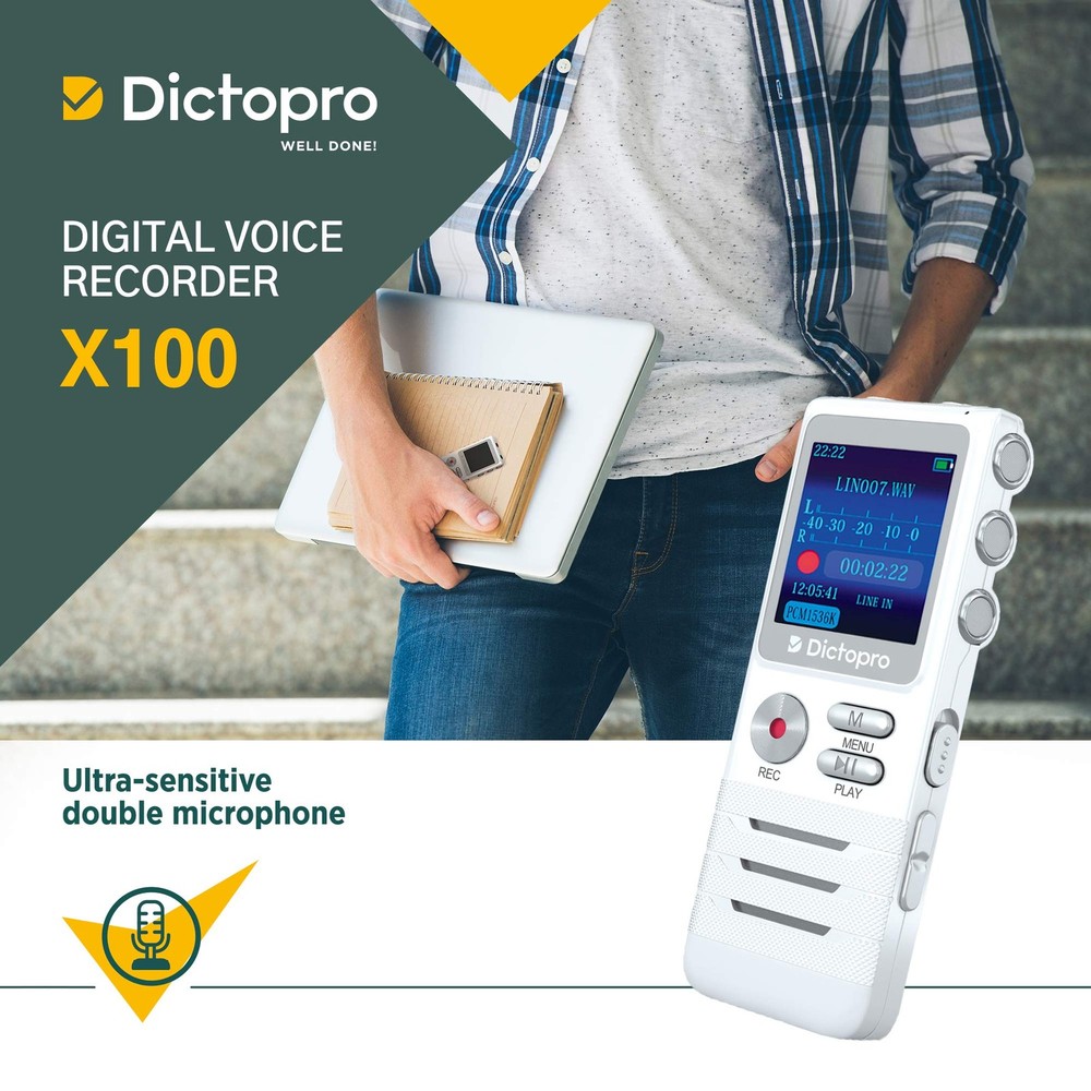 Voice Activated Digital Recorder - Ultra Sensitive Dual Mics, Small, White