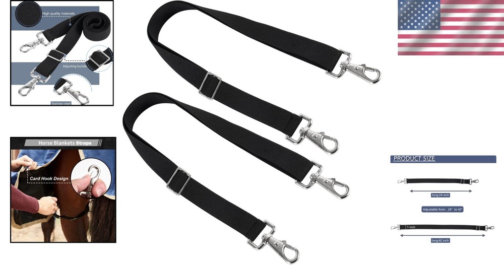 High-Strength Adjustable Belly Straps for Horse Blankets, 2 Pack - Black Elastic