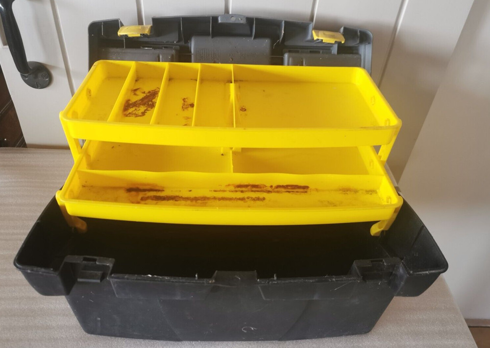 Stanley Grey / Black Cantilever Plastic Toolbox with various used Stanley tools