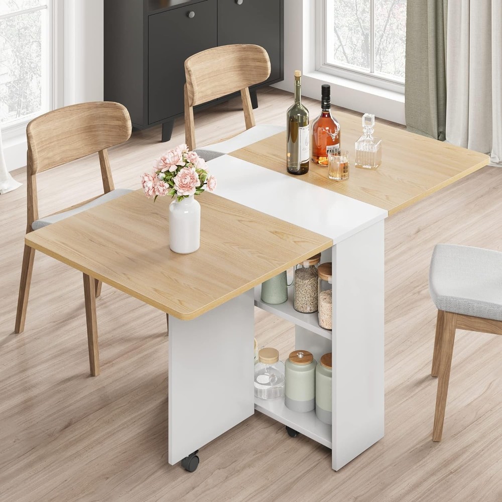 Folding Dining Table, Drop Leaf Kitchen Table with Storage Shelf ,Space Saving