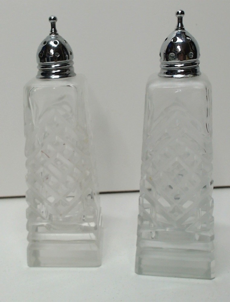 VTG Crystal Salt and Pepper Shakers Deep Cut Square Base 5" Tall Diamond Angular