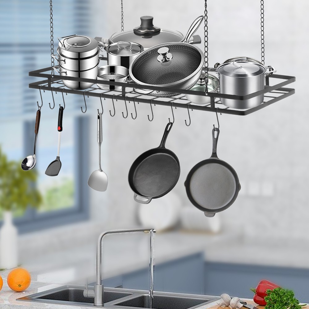 Modern Hanging Pot Holder Pan Hanger Kitchen Ceiling Rack with 12 Hooks Black