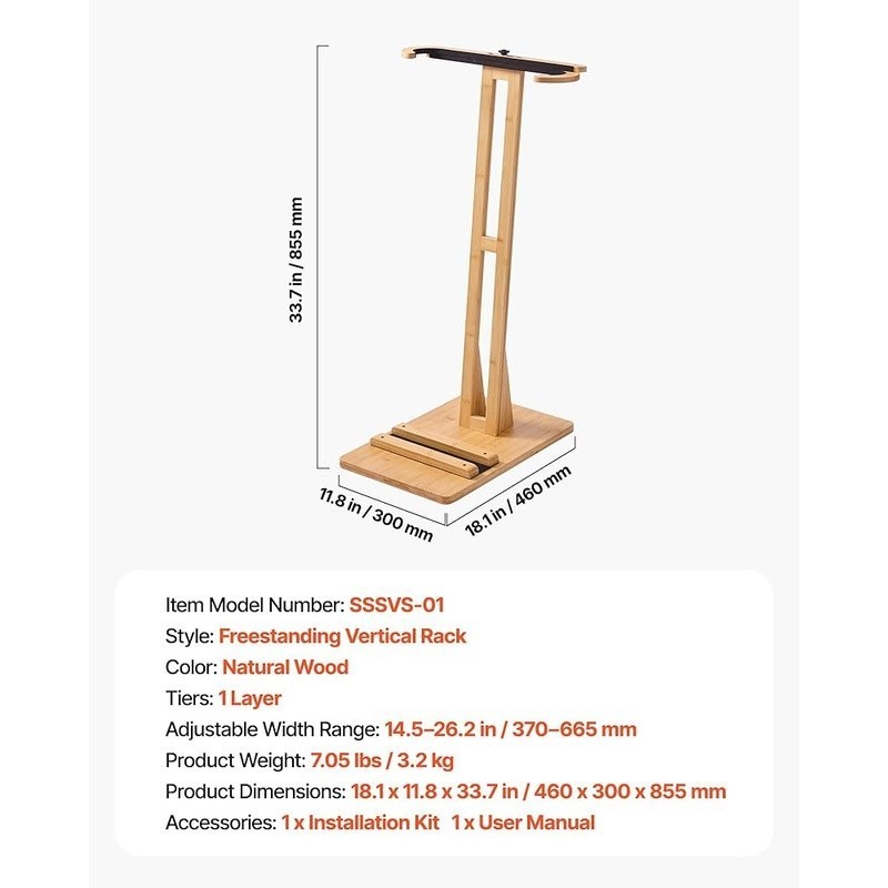 Adjustable Bamboo Surfboard Rack Freestanding Storage Display Stand Anti-Scratch