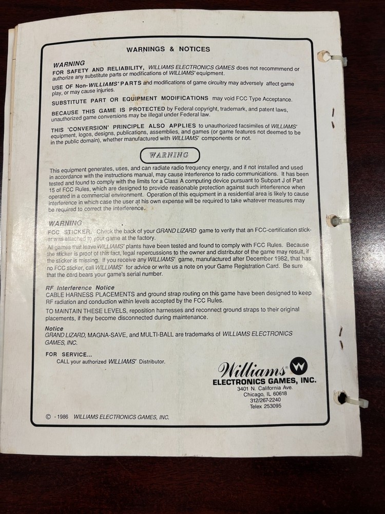 ORIGINAL-WILLIAMS-GRAND LIZARD-INSTRUCTION MANUAL INCLUDING SCHEMATICS