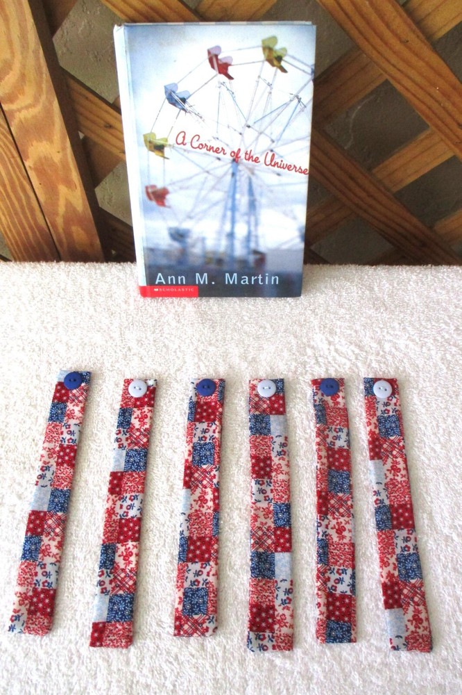 BOOKMARKS~PATCHWORK DESIGNS~Fabric & Button~Set Of 3~Reversible~Washable~NEW
