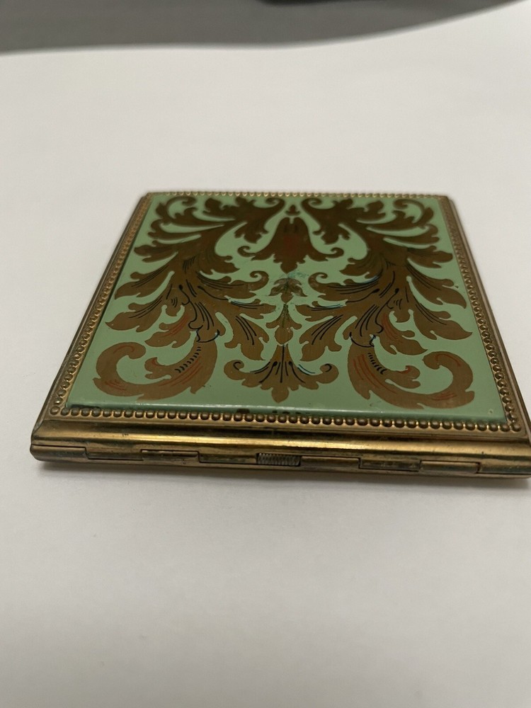 Vintage powder compact mirror, Evans, Blue Enamel Front With Floral Design