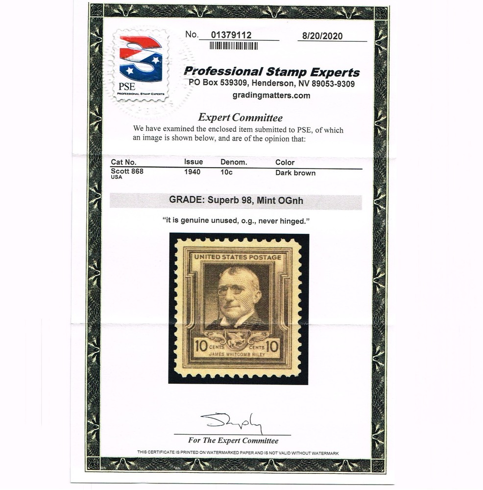EXCEPTIONAL GENUINE SCOTT #868 MINT PRISTINE OG NH PSE CERT GRADED SUPERB-98
