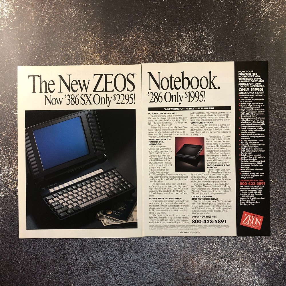 1991 ZEOS Notebook Vintage PRINT AD PC Retro Computer Portable