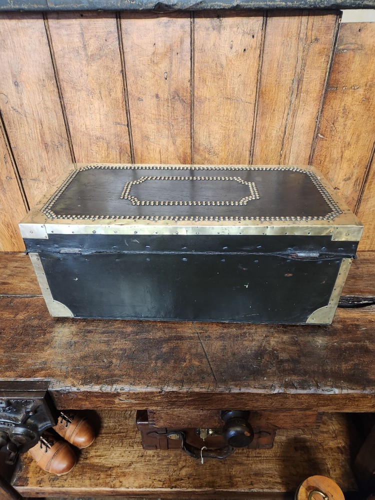 Antique Black Brass Rivetted Wooden Solid Trunk.