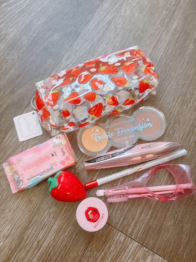 Mixed Makeup Bundle , No Duplicates, with A Clear  Strawberry Cosmetic Bag