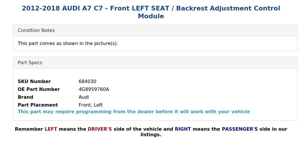 2012-2018 AUDI A7 C7 - Front LEFT SEAT / Backrest Adjustment Control Module