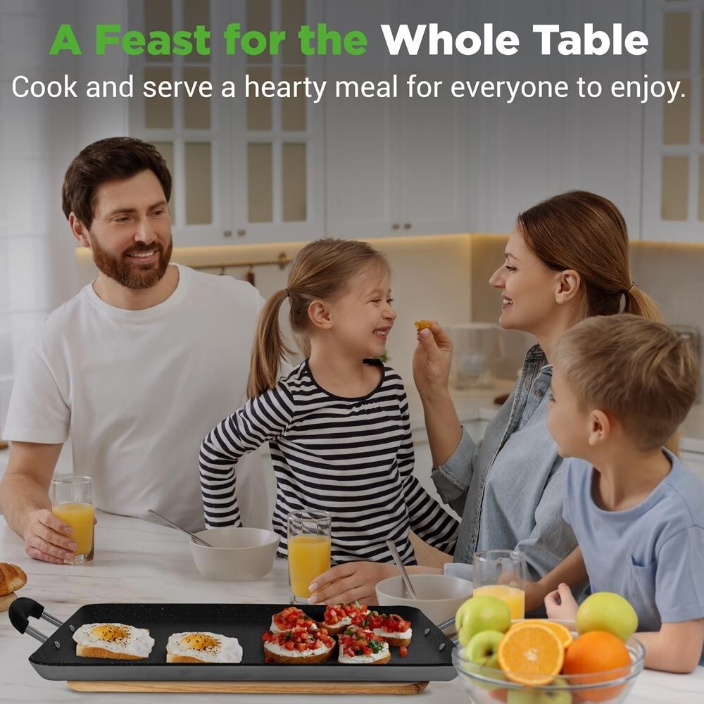 NutriChef Non-Stick Double Burner Griddle, Dishwasher Safe Bakelite Handle-Black
