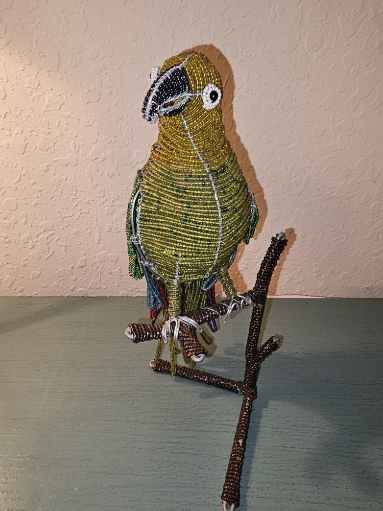 Vintage BeadWork On Wire Parrot On Perch-12" Tall, Excellent