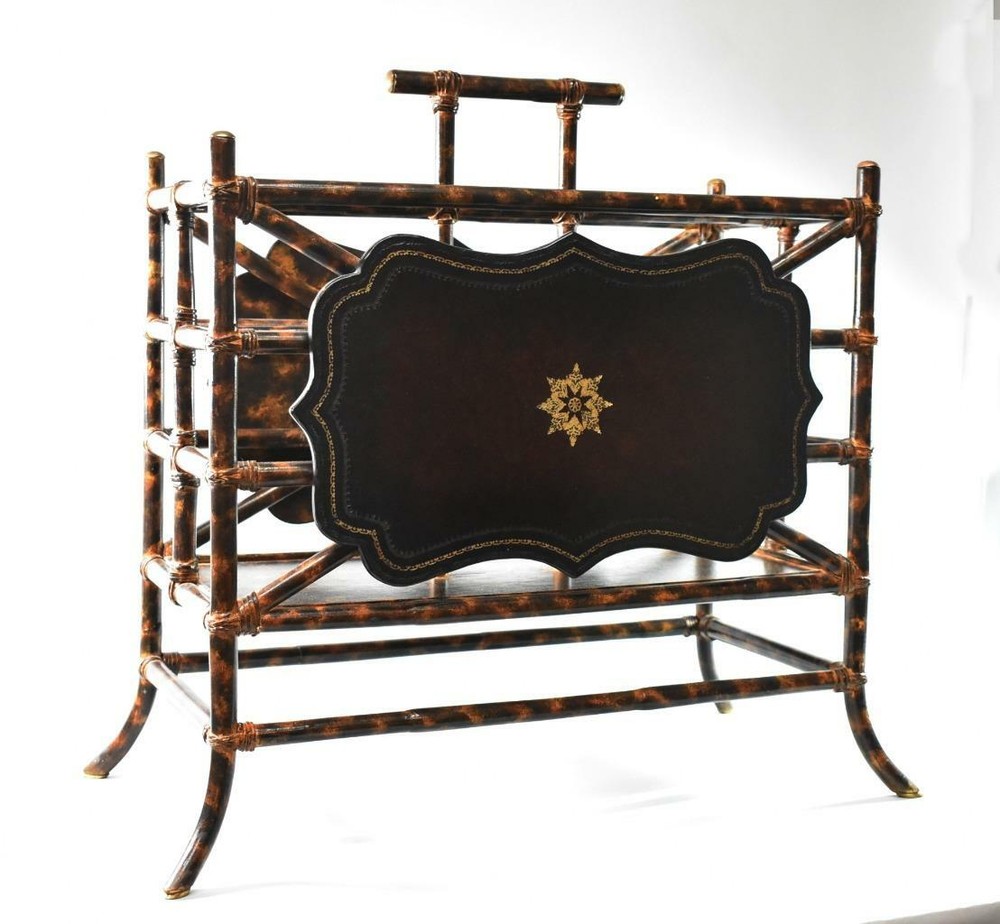 Faux Bamboo & Tooled Leather Magazine Rack Maitland Smith