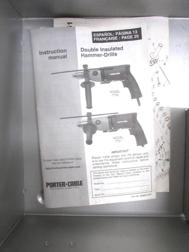PORTER CABLE TOOLS 1/2” HD HAMMER DRILL 7751, w/ SIDE HANDLE & CASE