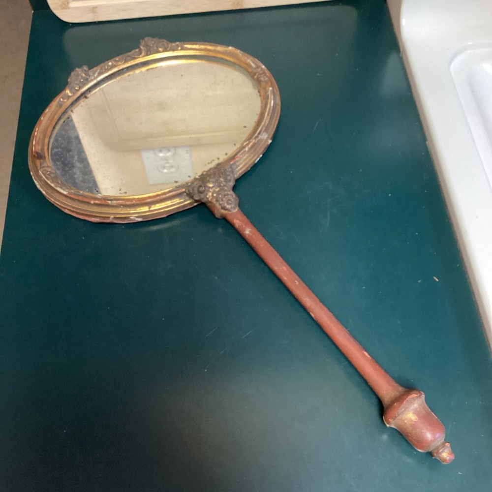 Vintage Victorian Large Oval Long Handle Mirror Plaster Frame Wood Handle