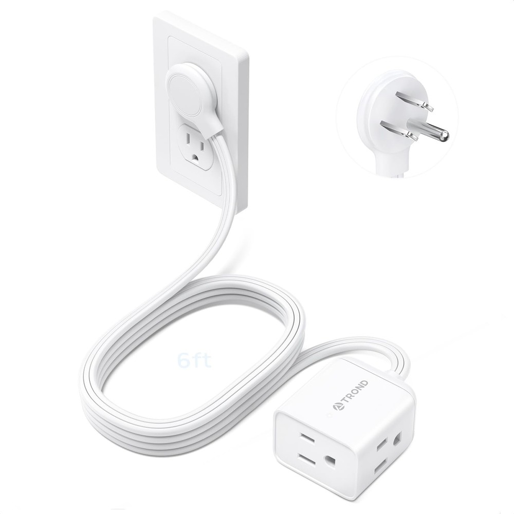 TROND Flat Extension Cord 6 Feet - Right Angled Plug Power 6 ft, White