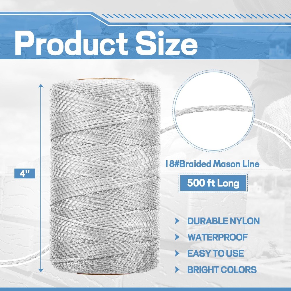 6 Roll Mason String Line #18, 500 ft Nylon Braided Construction String Line, ...