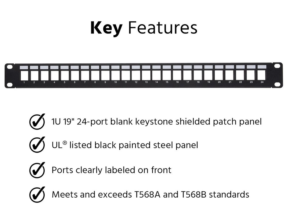 Monoprice 24-port Blank Keystone Shielded Network Patch Panel 1U UL Listed (TAA)