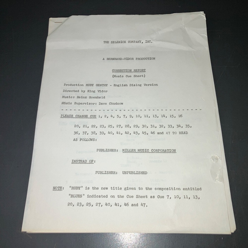RUBY GENTRY (1952) King Vidor Dialogue & Continuity Scripts+SELZNICK COPIES+COA!