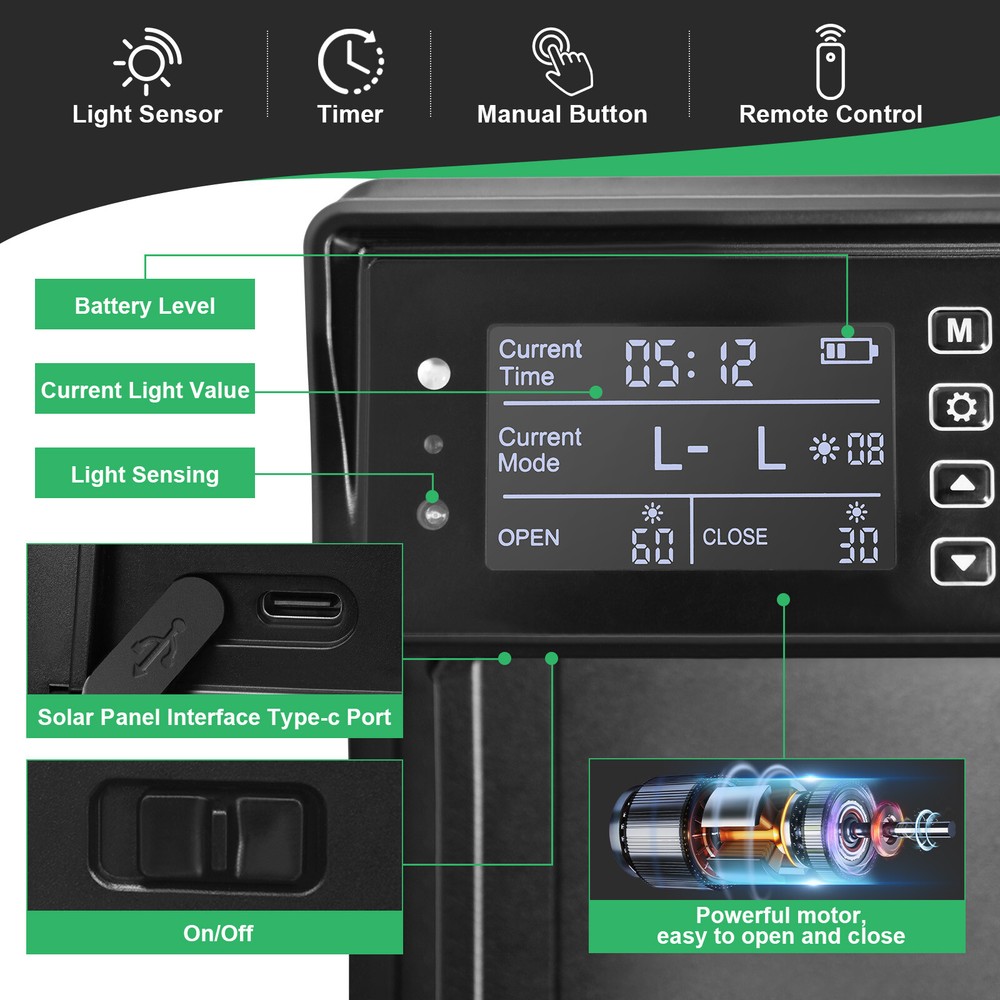 Solar Automatic Chicken Coop Door Opener with Timer Light Sensor Remote Control