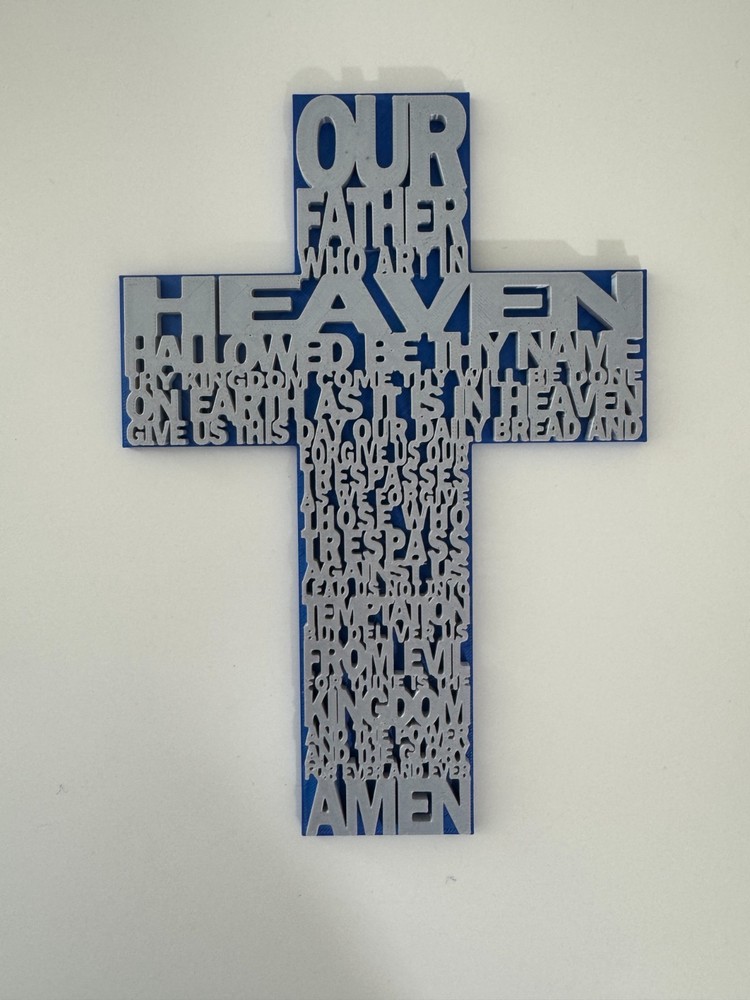 Lord's Prayer Cross Gray Blue 3D Printed Plastic
