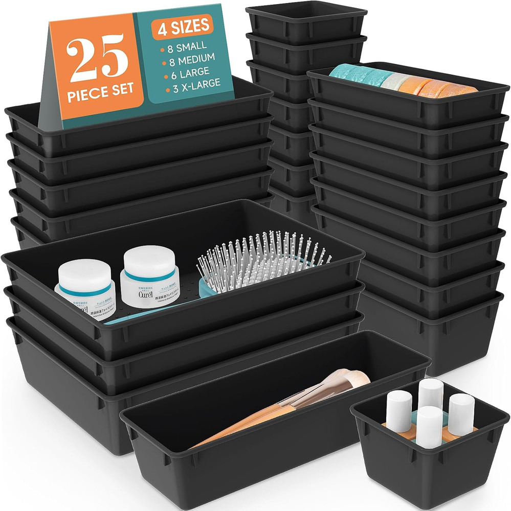25 PCS Plastic Drawer Organizer Set, 4-Size Versatile Organizer Trays & Stora...