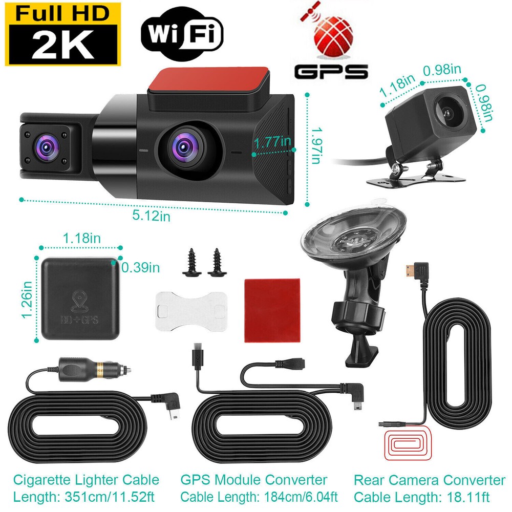 2K 3 Lens WIFI Car DVR Dash Cam Front Rear Inside Camera Video Recorder G-Sensor