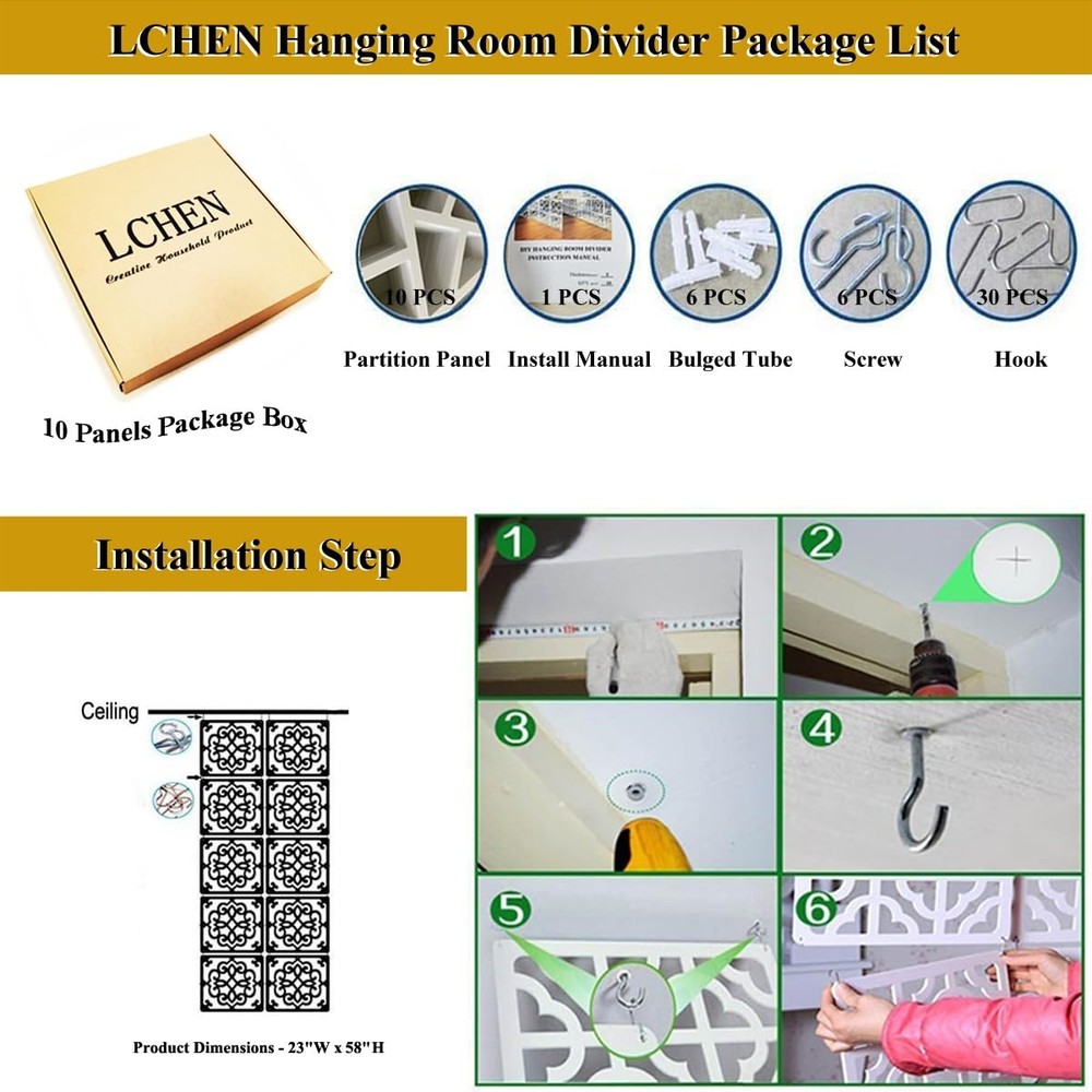 10 PCS Hanging Room Divider Panel Wall Partition WoodPlastic Screen Decor