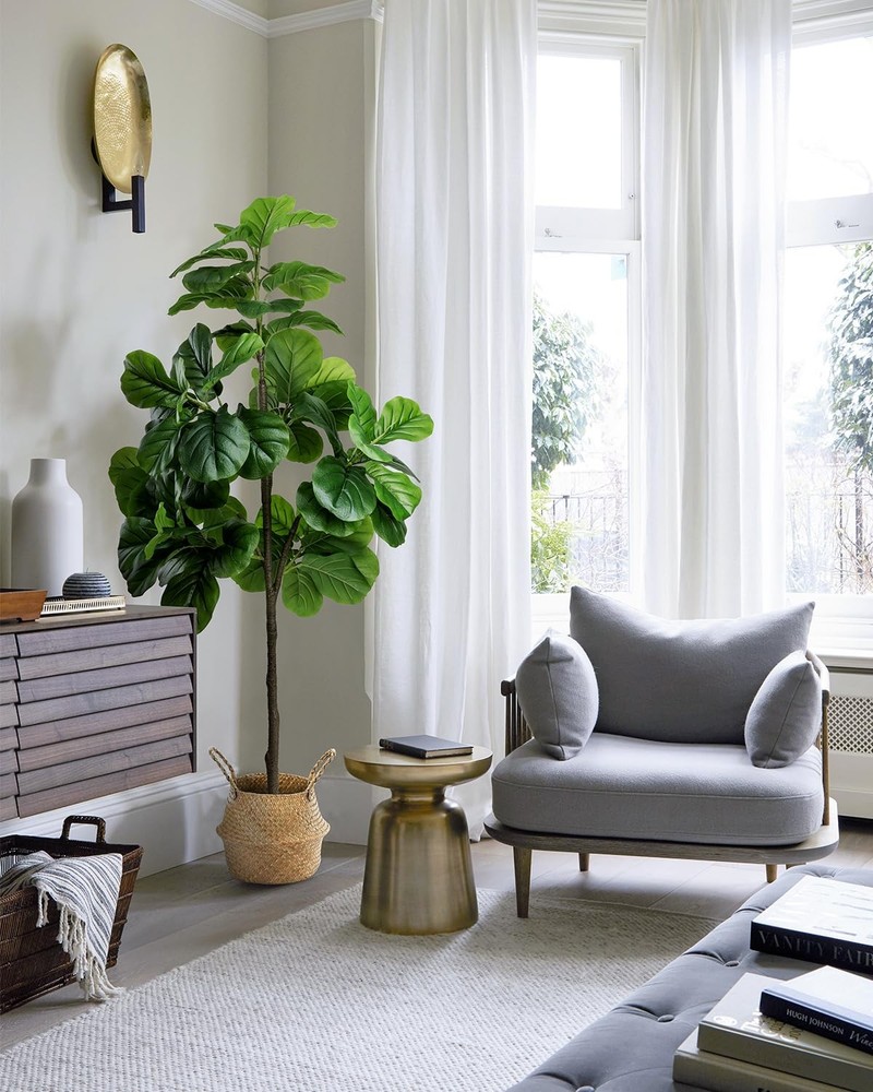 Artificial Fiddle Leaf Fig Tree 6FT - Large Fake Tree with White Planter & Bask