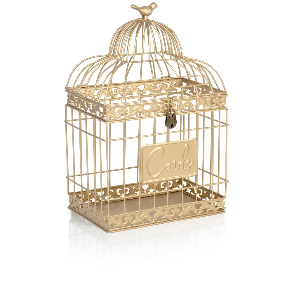 15.5” Rectangular Decorative Lockable Metal Birdcage Wedding Card Holder, Gold