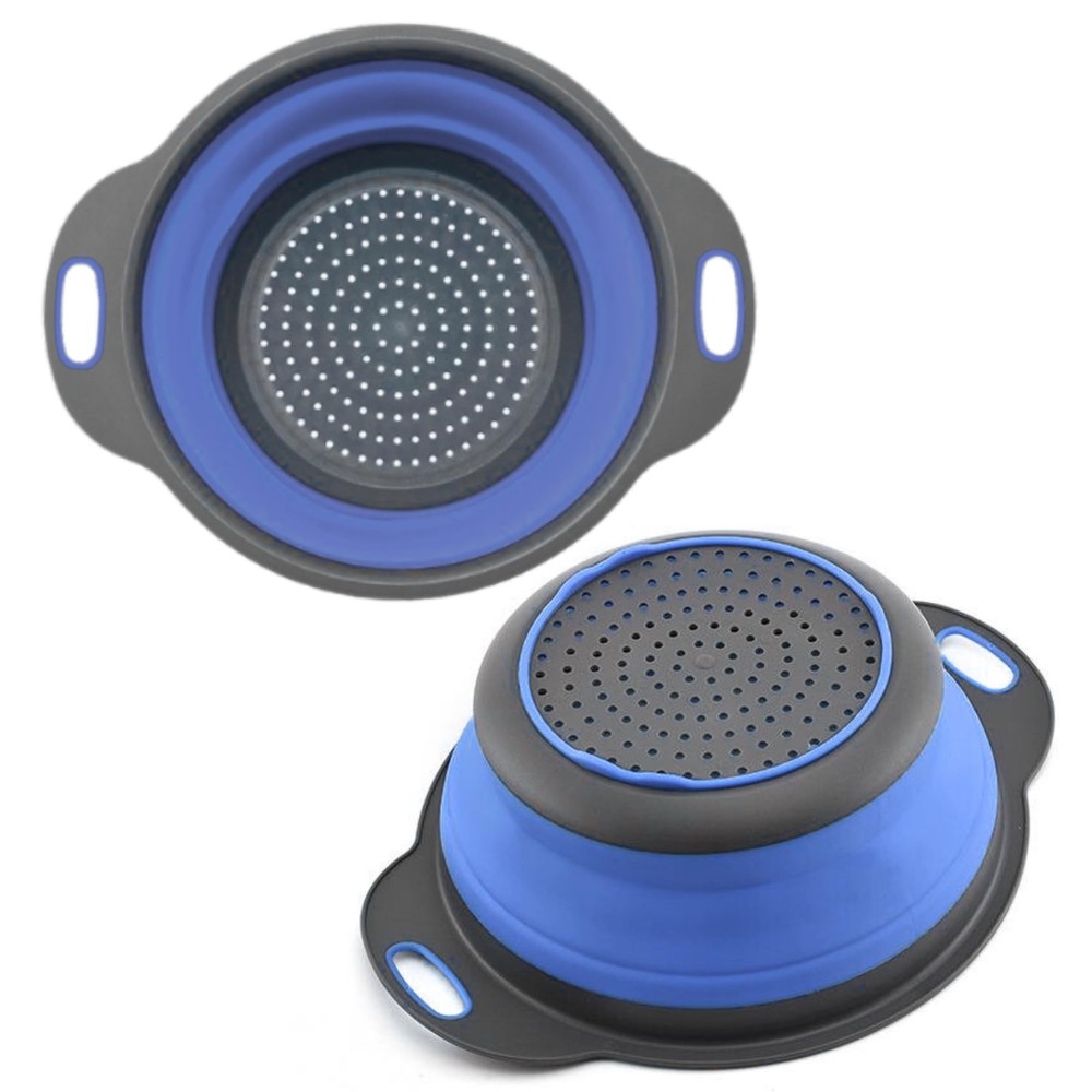 Blue Round Silicone Collapsible Kitchen Colander Plastic Handle Strainer