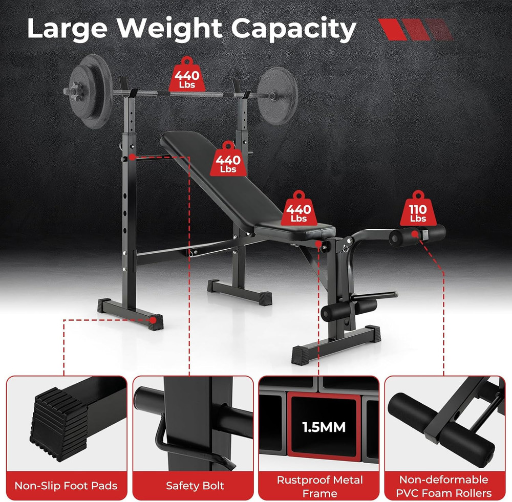Adjustable Weight Bench, Foldable Weight Bench with Squat Racks, Leg Extension &