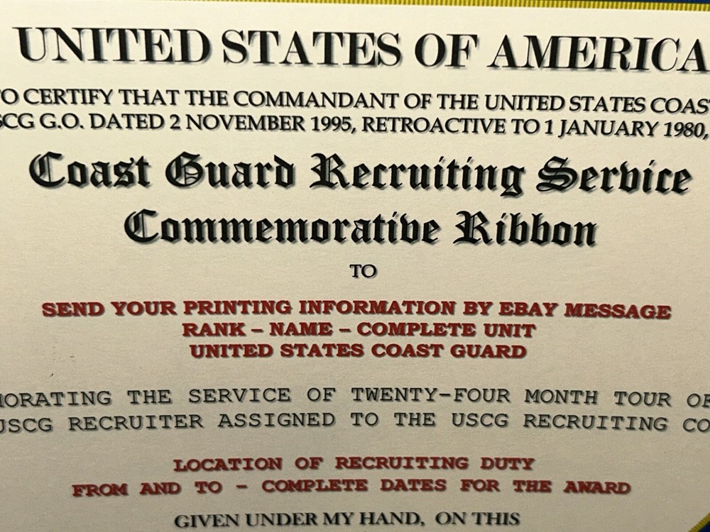 COAST GUARD RECRUITING SERVICE COMMEMORATIVE CERTIFICATE ~ W/PRINTING TYPE-1