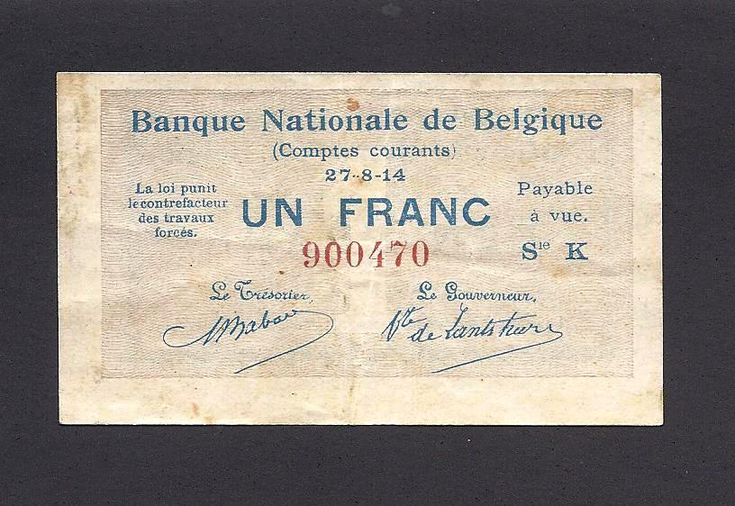 Belgium p-81 , VF , 1 Franc, 1914