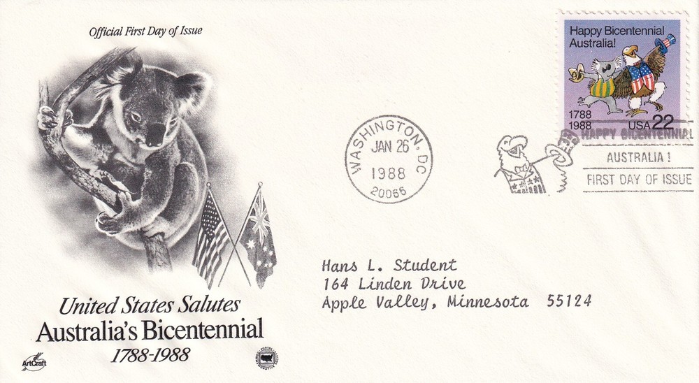 STAMP US SCOTT 2370 "Koala & Bald Eagle" 22 CENT 1988 FDC - B